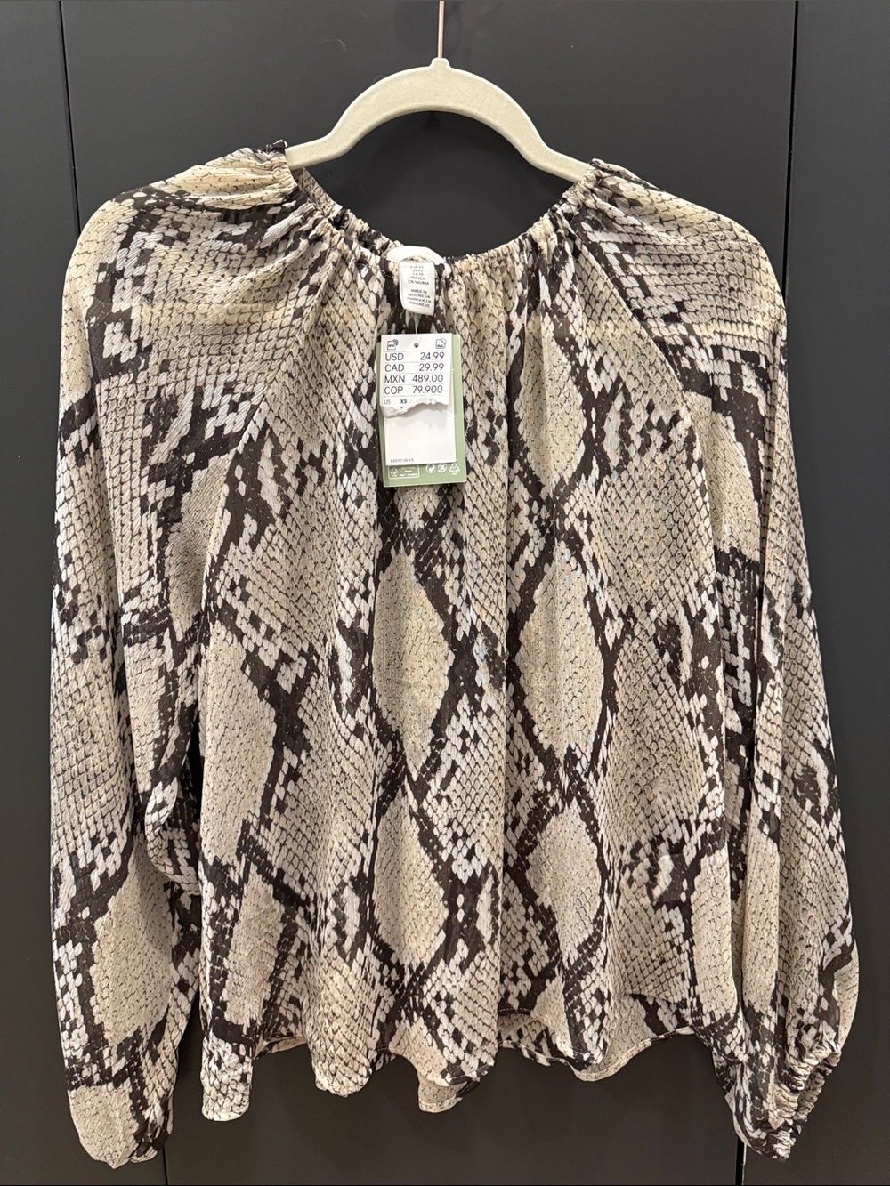 H&M Beige and Dark Brown Snake-Print Elastic Neck Flowy Sheer Top